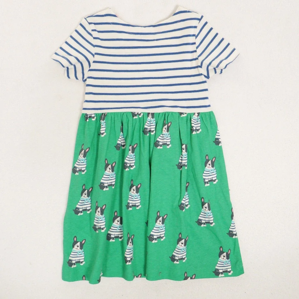 Mini Boden Girls Dress French Bulldog Stripes Green 100% Cotton Kids 4-5Y NWT